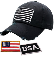 Load image into Gallery viewer, BLUDOBIE American Flag Hat for Men and Women | Vintage Baseball Tactical Hat Cap with USA Flag + 2 Patriotic Patches - Black/White