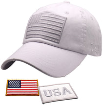 Load image into Gallery viewer, BLUDOBIE American Flag Hat for Men and Women | Vintage Baseball Tactical Hat Cap with USA Flag + 2 Patriotic Patches - White