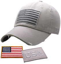 Load image into Gallery viewer, BLUDOBIE American Flag Hat for Men and Women | Vintage Baseball Tactical Hat Cap with USA Flag + 2 Patriotic Patches - Lt.Grey