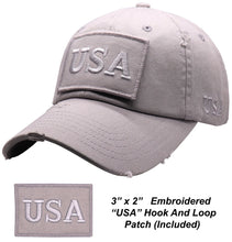 Load image into Gallery viewer, BLUDOBIE American Flag Hat for Men and Women | Vintage Baseball Tactical Hat Cap with USA Flag + 2 Patriotic Patches - Lt.Grey