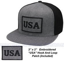 Load image into Gallery viewer, Antourage American Flag Flat Visor Constructed Snapback Hat + 2 Patriotic Patches - Wholesale: 2-Tone: Grey/Black - 10 Units ($8.00 Ea.)