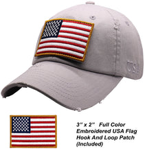 Load image into Gallery viewer, BLUDOBIE American Flag Hat for Men and Women | Vintage Baseball Tactical Hat Cap with USA Flag + 2 Patriotic Patches - Lt.Grey