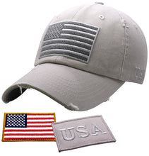 Load image into Gallery viewer, Antourage American Flag Hat for Men and Women | Vintage Baseball Tactical Hat Cap with USA Flag + 2 Patriotic Patches - Lt.Grey