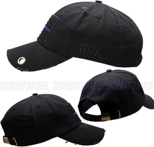 Load image into Gallery viewer, Antourage American Flag Hat for Men and Women | Vintage Baseball Tactical Hat Cap with USA Flag + 2 Patriotic Patches - Black with Thin Blue Line with Brass Keyhole
