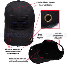 Load image into Gallery viewer, Antourage American Flag Hat for Men and Women | Vintage Baseball Tactical Hat Cap with USA Flag + 2 Patriotic Patches - Black with Thin Blue Line with Brass Keyhole