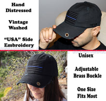 Load image into Gallery viewer, Antourage American Flag Hat for Men and Women | Vintage Baseball Tactical Hat Cap with USA Flag + 2 Patriotic Patches - Black with Thin Blue Line with Brass Keyhole