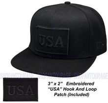 Load image into Gallery viewer, Antourage American Flag Flat Visor Constructed Snapback Hat + 2 Patriotic Patches - Wholesale: Black - 10 Units ($8.00 Ea.)