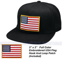 Load image into Gallery viewer, Antourage American Flag Flat Visor Constructed Snapback Hat + 2 Patriotic Patches - Wholesale: Black - 10 Units ($8.00 Ea.)