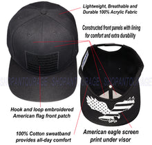 Load image into Gallery viewer, Antourage American Flag Flat Visor Constructed Snapback Hat + 2 Patriotic Patches - Black