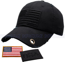 Load image into Gallery viewer, Antourage American Flag Hat for Men and Women | Vintage Baseball Tactical Hat Cap with USA Flag + 2 Patriotic Patches - Black with Brass Keyhole