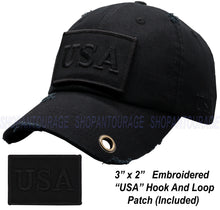 Load image into Gallery viewer, Antourage American Flag Hat for Men and Women | Vintage Baseball Tactical Hat Cap with USA Flag + 2 Patriotic Patches - Black with Brass Keyhole