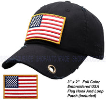 Load image into Gallery viewer, Antourage American Flag Hat for Men and Women | Vintage Baseball Tactical Hat Cap with USA Flag + 2 Patriotic Patches - Black with Brass Keyhole