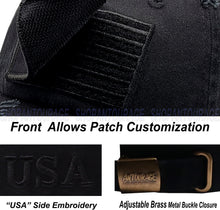 Load image into Gallery viewer, Antourage American Flag Hat for Men and Women | Vintage Baseball Tactical Hat Cap with USA Flag + 2 Patriotic Patches - Black with Brass Keyhole