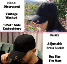 Load image into Gallery viewer, Antourage American Flag Hat for Men and Women | Vintage Baseball Tactical Hat Cap with USA Flag + 2 Patriotic Patches - Black with Brass Keyhole