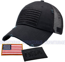 Load image into Gallery viewer, Antourage American Flag Mesh Snapback Unconstructed Unisex Trucker Hat + 2 Patriotic Patches - Black