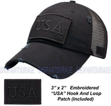Load image into Gallery viewer, Antourage American Flag Mesh Snapback Unconstructed Unisex Trucker Hat + 2 Patriotic Patches - Black