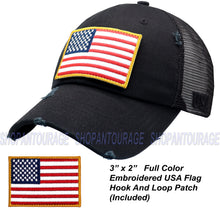 Load image into Gallery viewer, Antourage American Flag Mesh Snapback Unconstructed Unisex Trucker Hat + 2 Patriotic Patches - Black