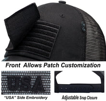 Load image into Gallery viewer, Antourage American Flag Mesh Snapback Unconstructed Unisex Trucker Hat + 2 Patriotic Patches - Black