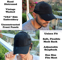 Load image into Gallery viewer, Antourage American Flag Mesh Snapback Unconstructed Unisex Trucker Hat + 2 Patriotic Patches - Black