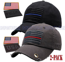 Load image into Gallery viewer, ANTOURAGE 2 PACK: American Flag Hat for Men And Women | Vintage Baseball Tactical Hat Cap With USA Flag + 4 Patches - Black/Blue + Grey/Red