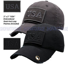 Load image into Gallery viewer, ANTOURAGE 2 PACK: American Flag Hat for Men And Women | Vintage Baseball Tactical Hat Cap With USA Flag + 4 Patches - Black/Blue + Grey/Red