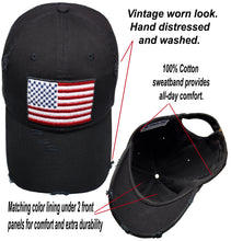 Load image into Gallery viewer, Antourage American Flag Distressed Cotton Collection Hat - Wholesale: Black_ Full Flag - 10 Units ($8.00 Ea.)
