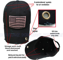 Load image into Gallery viewer, Antourage American Flag Hat for Men and Women | Vintage Baseball Tactical Hat Cap with USA Flag + 2 Patriotic Patches - Black with Pink Flag and Brass Keyhole