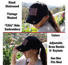 Load image into Gallery viewer, Antourage American Flag Hat for Men and Women | Vintage Baseball Tactical Hat Cap with USA Flag + 2 Patriotic Patches - Black with Pink Flag and Brass Keyhole