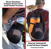 Load image into Gallery viewer, Antourage American Flag Hat for Men and Women | Vintage Baseball Tactical Hat Cap with USA Flag + 2 Patriotic Patches - Black with Pink Flag and Brass Keyhole