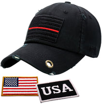 Load image into Gallery viewer, BLUDOBIE American Flag Hat for Men and Women | Vintage Baseball Tactical Hat Cap with USA Flag + 2 Patriotic Patches - Black with Thin Red Line and Brass Keyhole