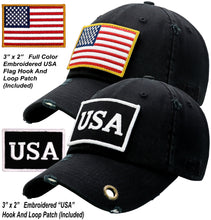 Load image into Gallery viewer, BLUDOBIE American Flag Hat for Men and Women | Vintage Baseball Tactical Hat Cap with USA Flag + 2 Patriotic Patches - Black with Thin Red Line and Brass Keyhole