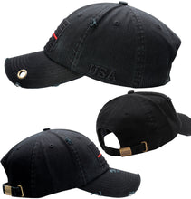 Load image into Gallery viewer, BLUDOBIE American Flag Hat for Men and Women | Vintage Baseball Tactical Hat Cap with USA Flag + 2 Patriotic Patches - Black with Thin Red Line and Brass Keyhole