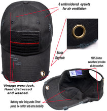 Load image into Gallery viewer, BLUDOBIE American Flag Hat for Men and Women | Vintage Baseball Tactical Hat Cap with USA Flag + 2 Patriotic Patches - Black with Thin Red Line and Brass Keyhole