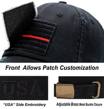 Load image into Gallery viewer, BLUDOBIE American Flag Hat for Men and Women | Vintage Baseball Tactical Hat Cap with USA Flag + 2 Patriotic Patches - Black with Thin Red Line and Brass Keyhole