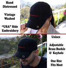 Load image into Gallery viewer, BLUDOBIE American Flag Hat for Men and Women | Vintage Baseball Tactical Hat Cap with USA Flag + 2 Patriotic Patches - Black with Thin Red Line and Brass Keyhole