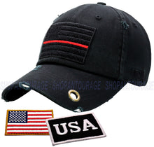 Load image into Gallery viewer, Antourage American Flag Hat for Men and Women | Vintage Baseball Tactical Hat Cap with USA Flag + 2 Patriotic Patches - Black with Thin Red Line and Brass Keyhole