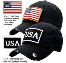 Load image into Gallery viewer, Antourage American Flag Hat for Men and Women | Vintage Baseball Tactical Hat Cap with USA Flag + 2 Patriotic Patches - Black with Thin Red Line and Brass Keyhole