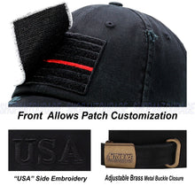 Load image into Gallery viewer, Antourage American Flag Hat for Men and Women | Vintage Baseball Tactical Hat Cap with USA Flag + 2 Patriotic Patches - Black with Thin Red Line and Brass Keyhole