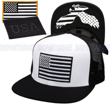 Load image into Gallery viewer, Antourage American Flag Flat Visor Constructed Mesh Snapback Hat + 2 Patriotic Patches - 2-Tone: White/Black