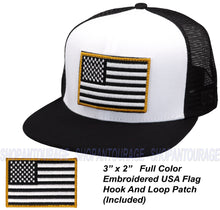 Load image into Gallery viewer, Antourage American Flag Flat Visor Constructed Mesh Snapback Hat + 2 Patriotic Patches + 2 Patriotic Patches - Wholesale: 2-Tone: White/Black - 10 Units ($8.00 Ea.)