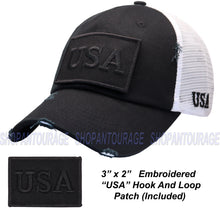 Load image into Gallery viewer, Antourage American Flag Mesh Snapback Unconstructed Unisex Trucker Hat + 2 Patriotic Patches - Black/White