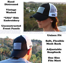 Load image into Gallery viewer, Antourage American Flag Mesh Snapback Unconstructed Unisex Trucker Hat + 2 Patriotic Patches - Black/White