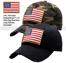 Load image into Gallery viewer, ANTOURAGE 2 PACK: American Flag Hat for Men And Women | Vintage Baseball Tactical Hat Cap With USA Flag + 4 Patches - Black/Keyhole + Camo/Keyhole