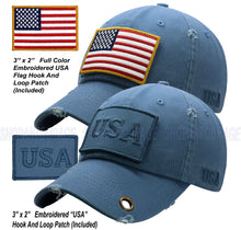 Load image into Gallery viewer, Antourage American Flag Hat for Men and Women | Vintage Baseball Tactical Hat Cap with USA Flag + 2 Patriotic Patches - Blue with Brass Keyhole