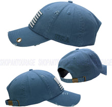 Load image into Gallery viewer, Antourage American Flag Hat for Men and Women | Vintage Baseball Tactical Hat Cap with USA Flag + 2 Patriotic Patches - Blue with Brass Keyhole