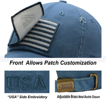 Load image into Gallery viewer, Antourage American Flag Hat for Men and Women | Vintage Baseball Tactical Hat Cap with USA Flag + 2 Patriotic Patches - Blue with Brass Keyhole