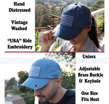 Load image into Gallery viewer, Antourage American Flag Hat for Men and Women | Vintage Baseball Tactical Hat Cap with USA Flag + 2 Patriotic Patches - Blue with Brass Keyhole