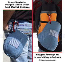 Load image into Gallery viewer, Antourage American Flag Hat for Men and Women | Vintage Baseball Tactical Hat Cap with USA Flag + 2 Patriotic Patches - Blue with Brass Keyhole