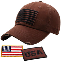 Load image into Gallery viewer, Antourage American Flag Hat for Men and Women | Vintage Baseball Tactical Hat Cap with USA Flag + 2 Patriotic Patches - Brown