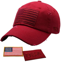 Load image into Gallery viewer, Antourage American Flag Hat for Men and Women | Vintage Baseball Tactical Hat Cap with USA Flag + 2 Patriotic Patches - Burgundy